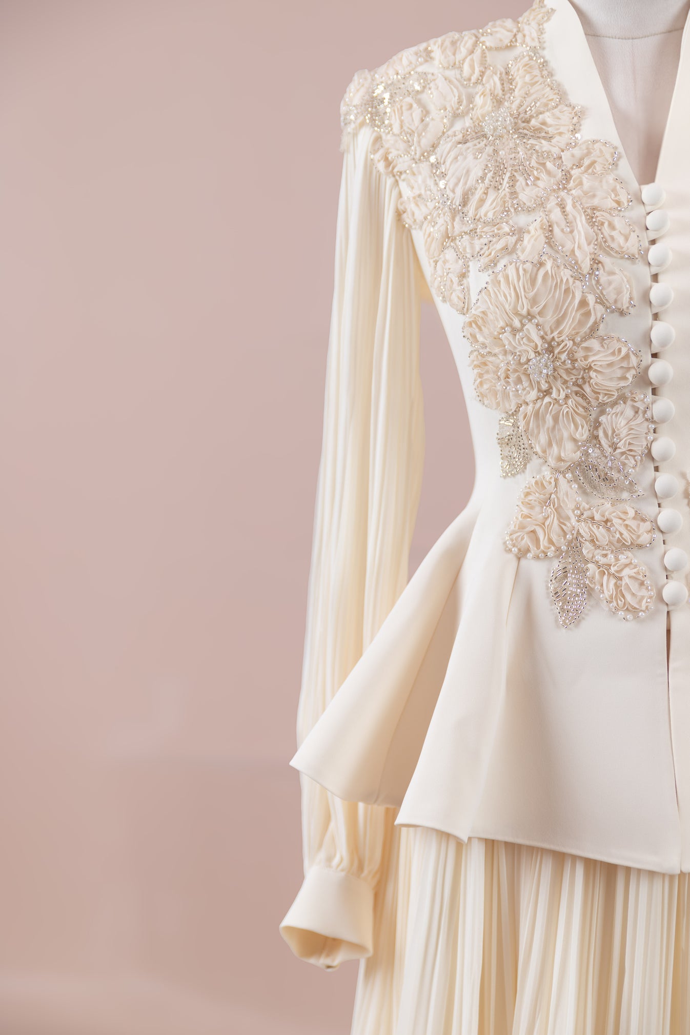 Limited Collection Peplum Jacket & Pleated Maxi Skirt Set – 3D Floral Embroidered Evening Ensemble