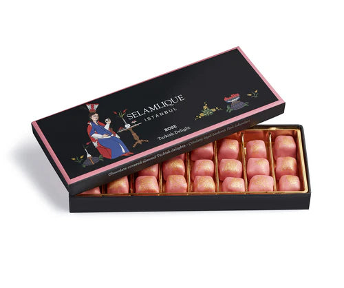 Chocolate-Coated Turkish Delight with Rose and Almonds, Garnished with Edible Gold Flakes– 8.82 oz (Copy)