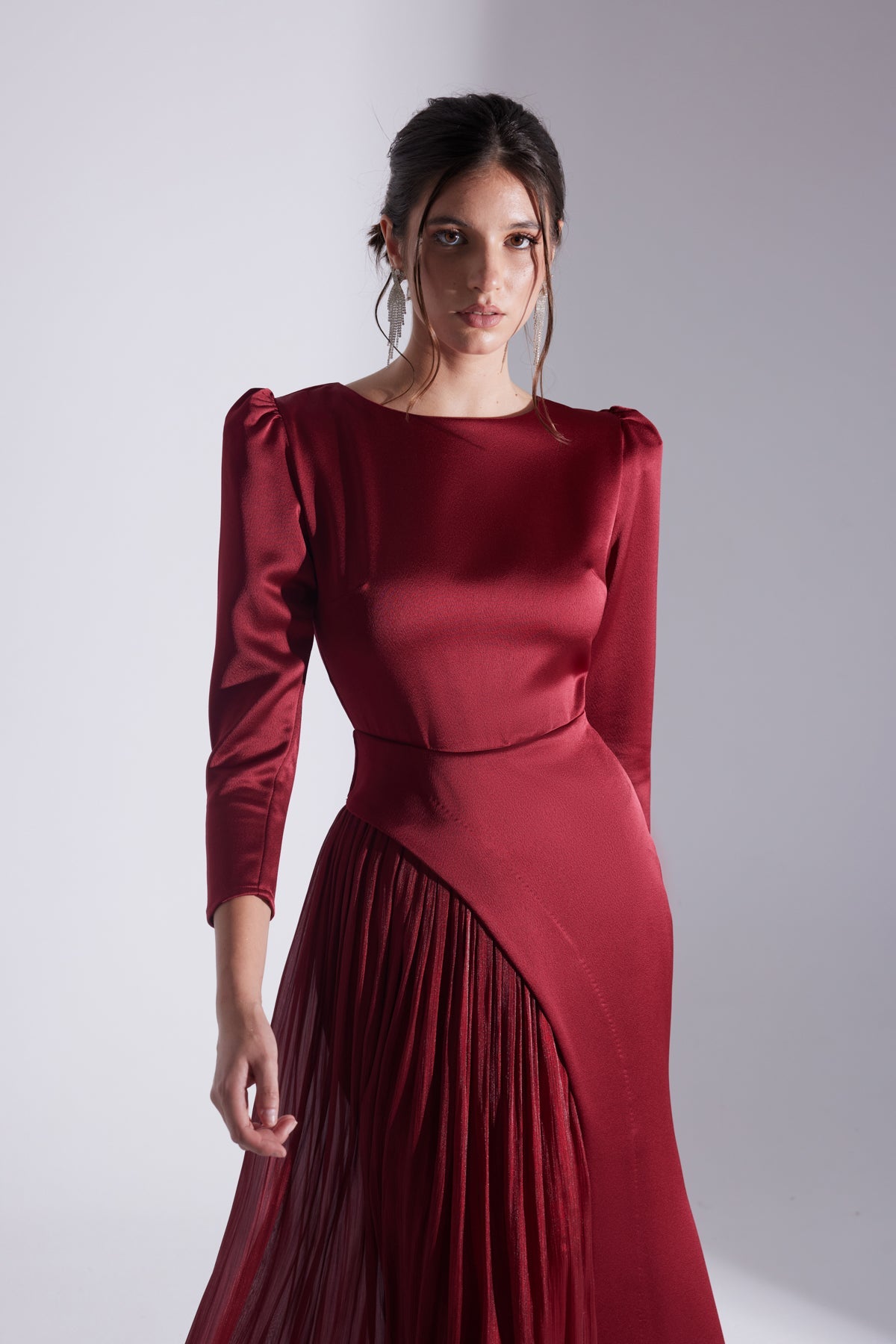 Burgundy Asymmetric Detailed Chiffon Skirt Wedding Dress