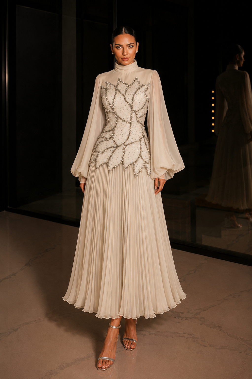 Bloomsbury Chiffon & Satin Evening Dress - Beige