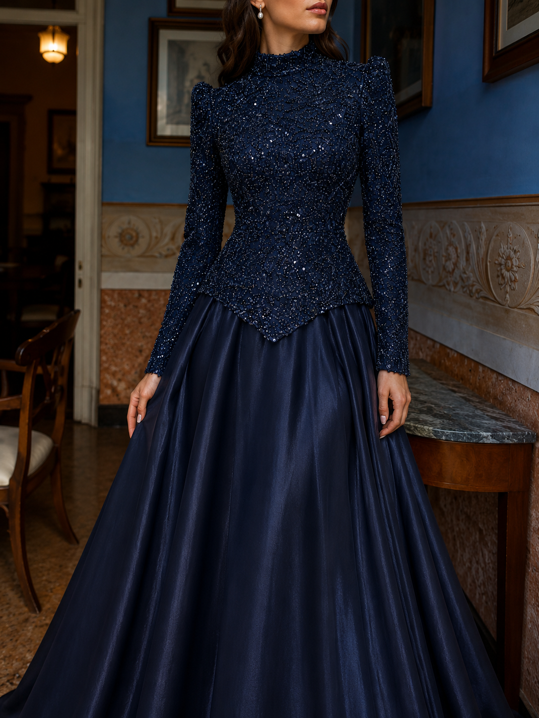 Raya Beaded Evening Dress - Navy Blue