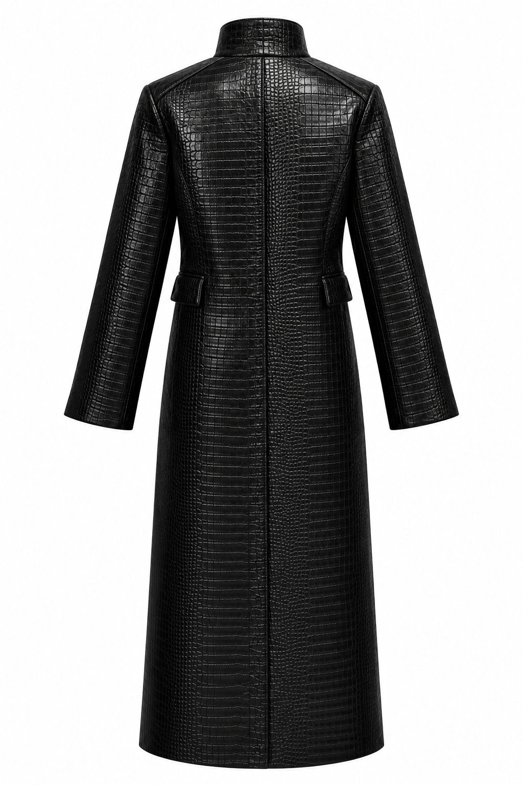 Black croco-embossed maxi trench coat back