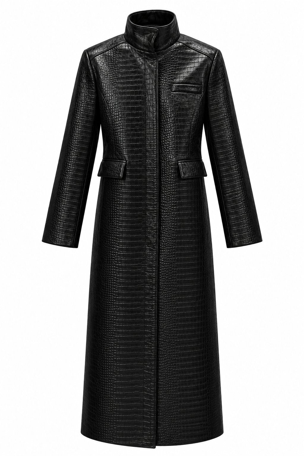 Black croco-embossed maxi trench coat front