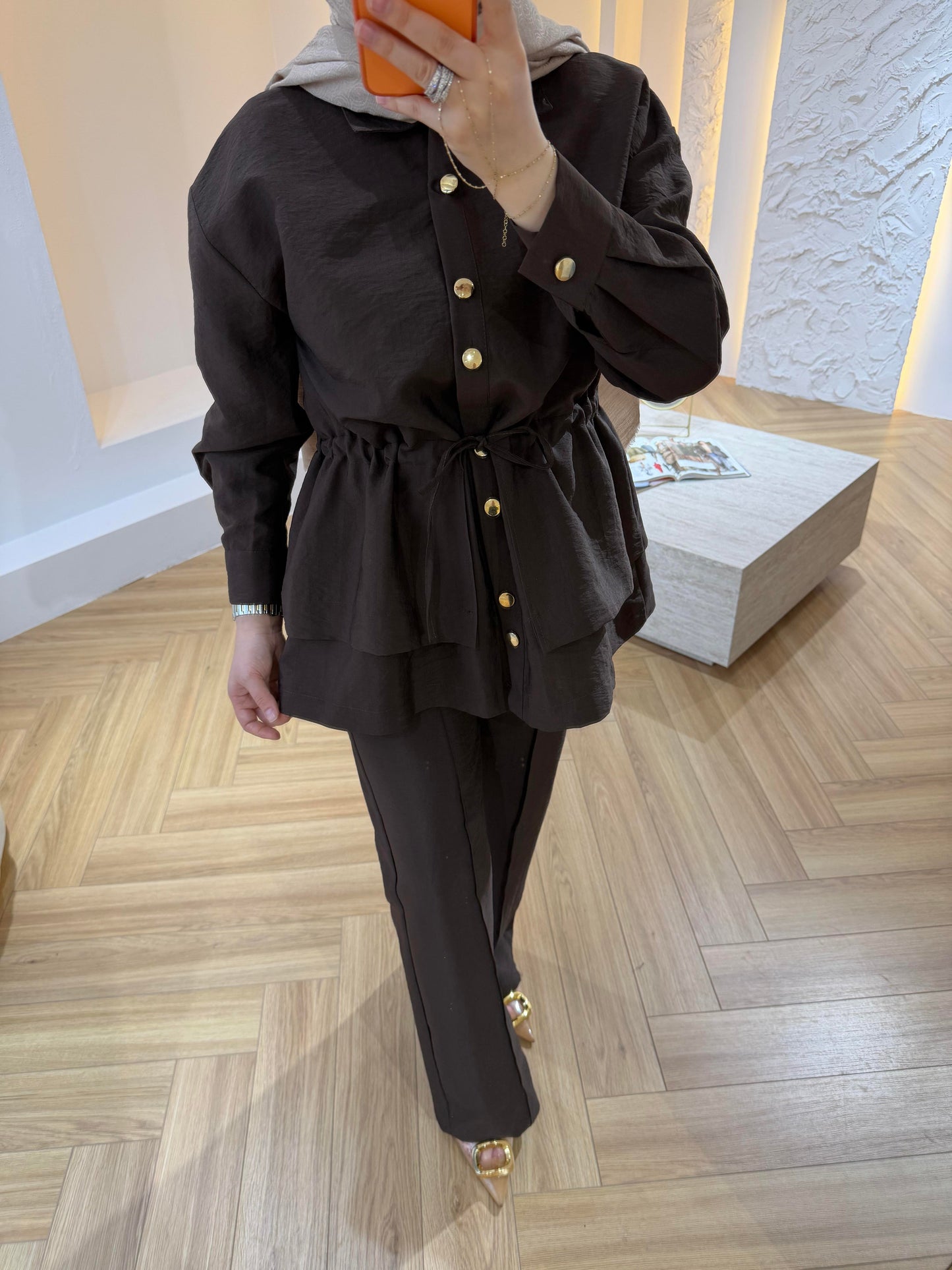 Gold Button Co-ord Cupro Set – Drawstring Jacket & Wide Leg Trousers - Brown