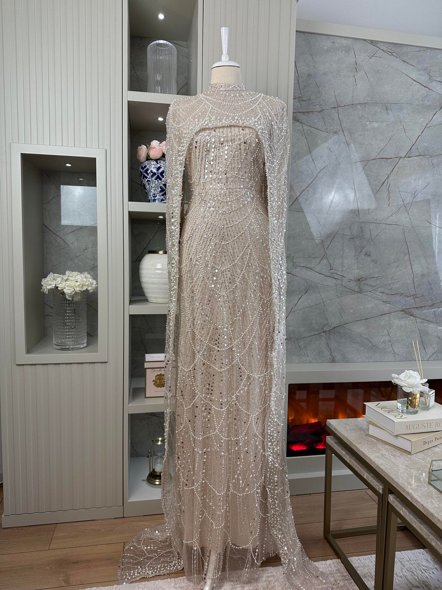Beaded Cream Modest Evening Gown