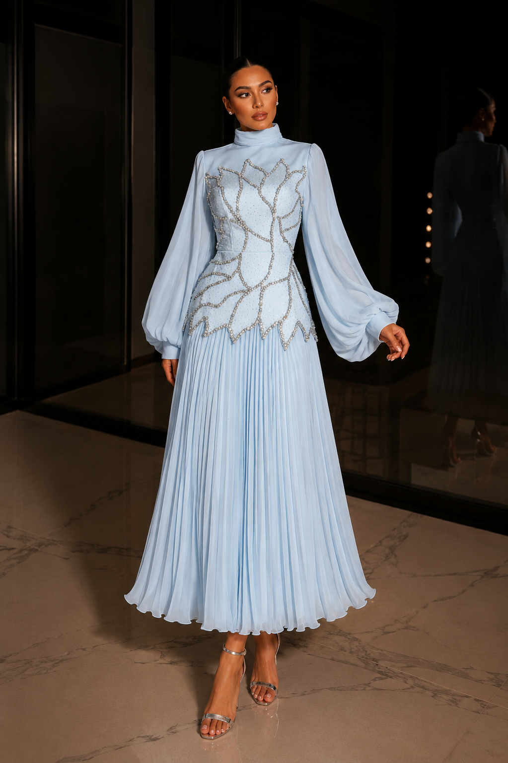 Bloomsbury Chiffon & Satin Evening Dress - Baby Blue