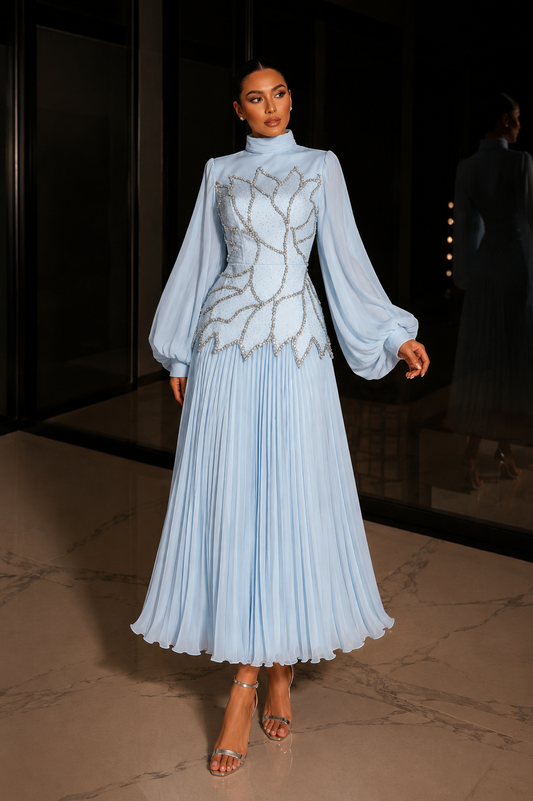 Bloomsbury Chiffon & Satin Evening Dress - Baby Blue