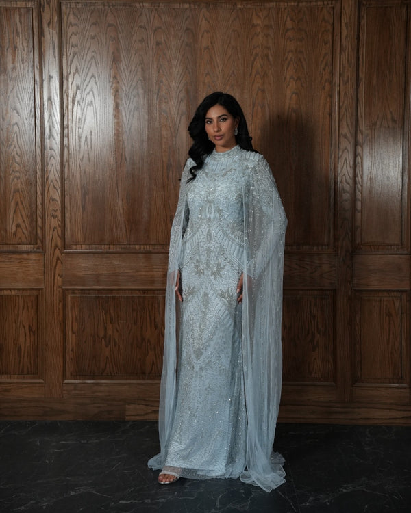 Fairuz Couture Cape Detailed Dress - Baby Blue