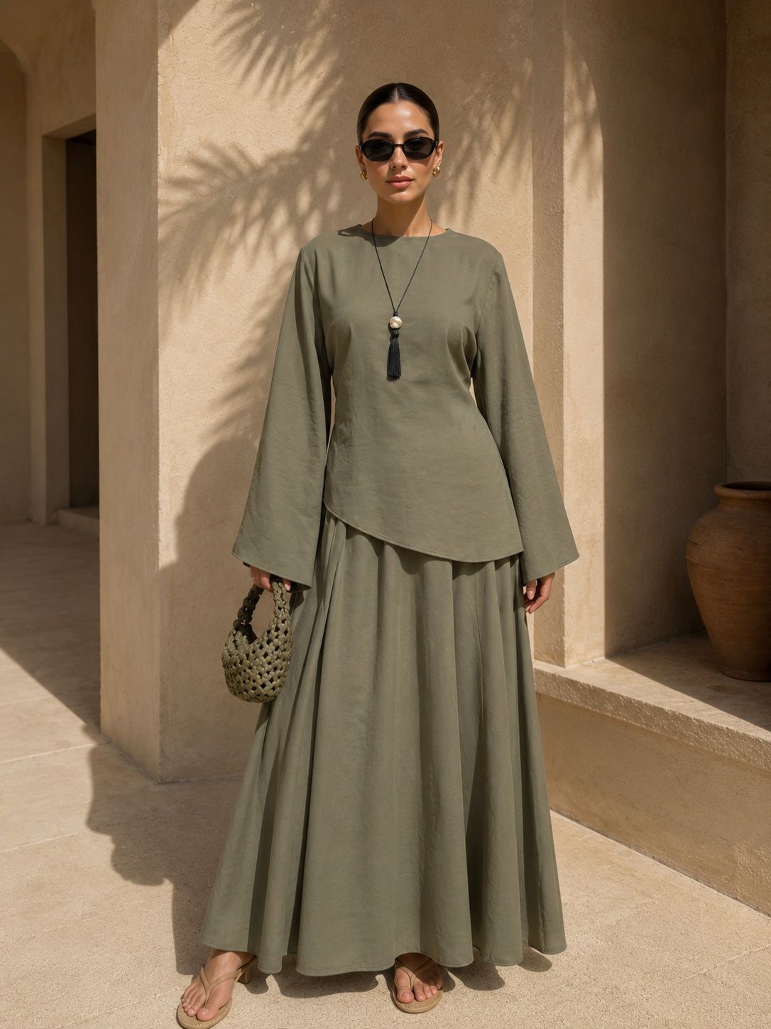 Asymmetrical Khaki Cupra Maxi Skirt & Top Co-ord Set | Modest Two-Piece Outfit