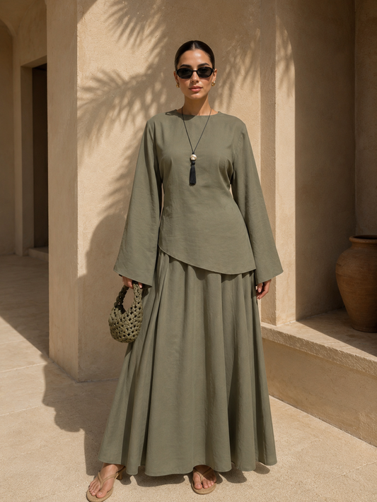 Asymmetrical Khaki Cupra Maxi Skirt & Top Co-ord Set | Modest Two-Piece Outfit