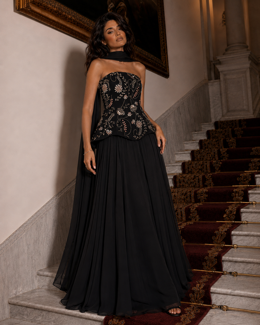Corset Chiffon Evening Gown - Embellished Strapless Prom Dress - Black