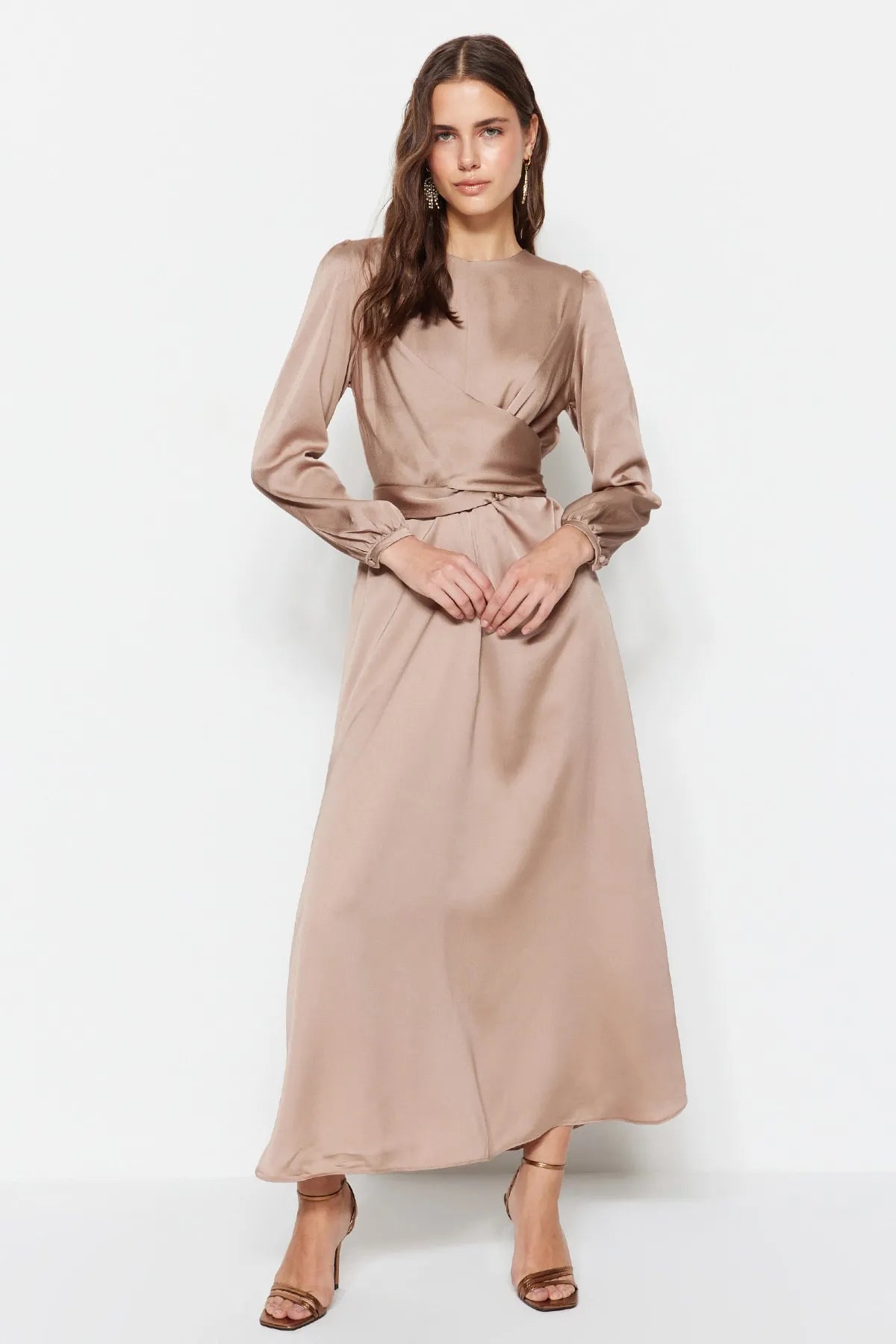 Cross Wrap Detail Pink Satin Evening Dress