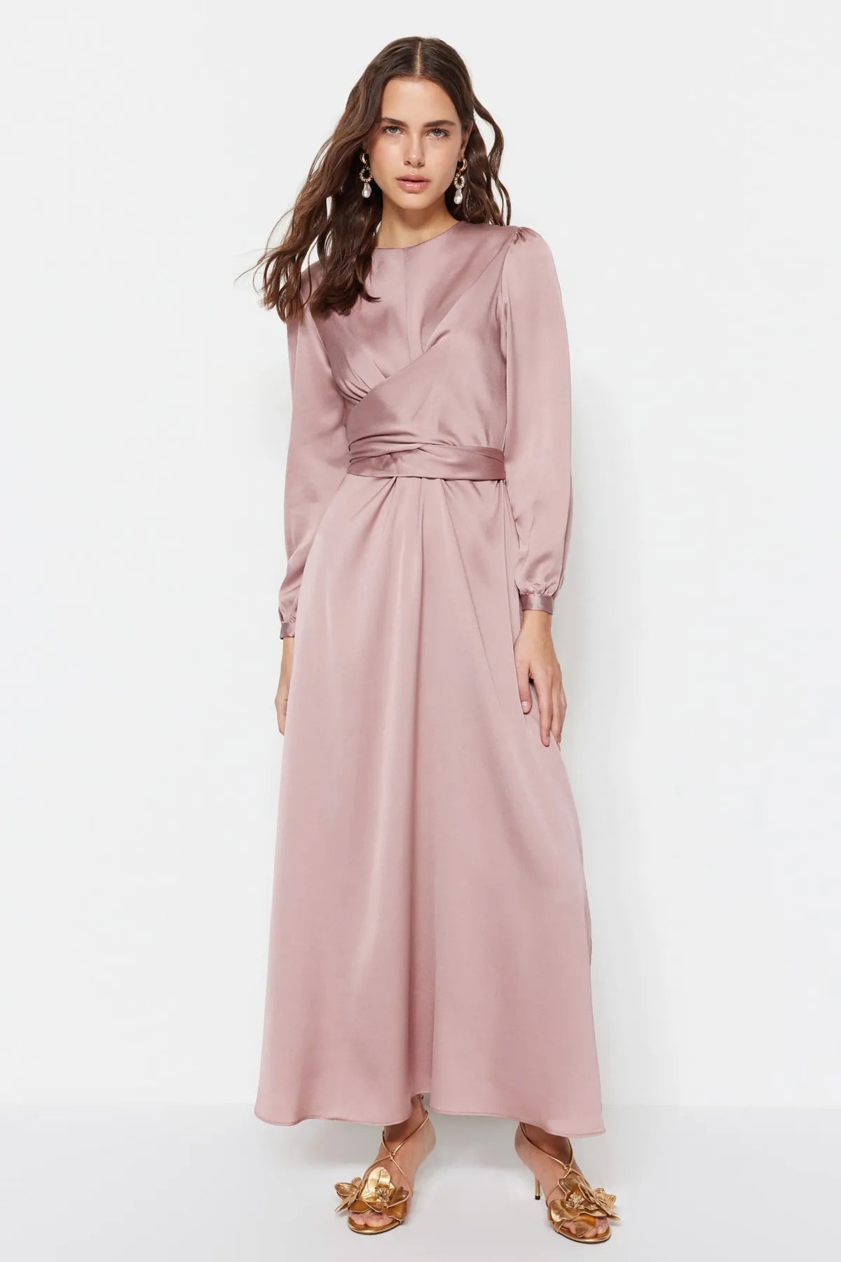 Cross Wrap Detail Pink Satin Evening Dress