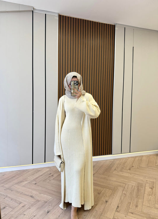 Ecru Knit Kimono Set with Inner Dress