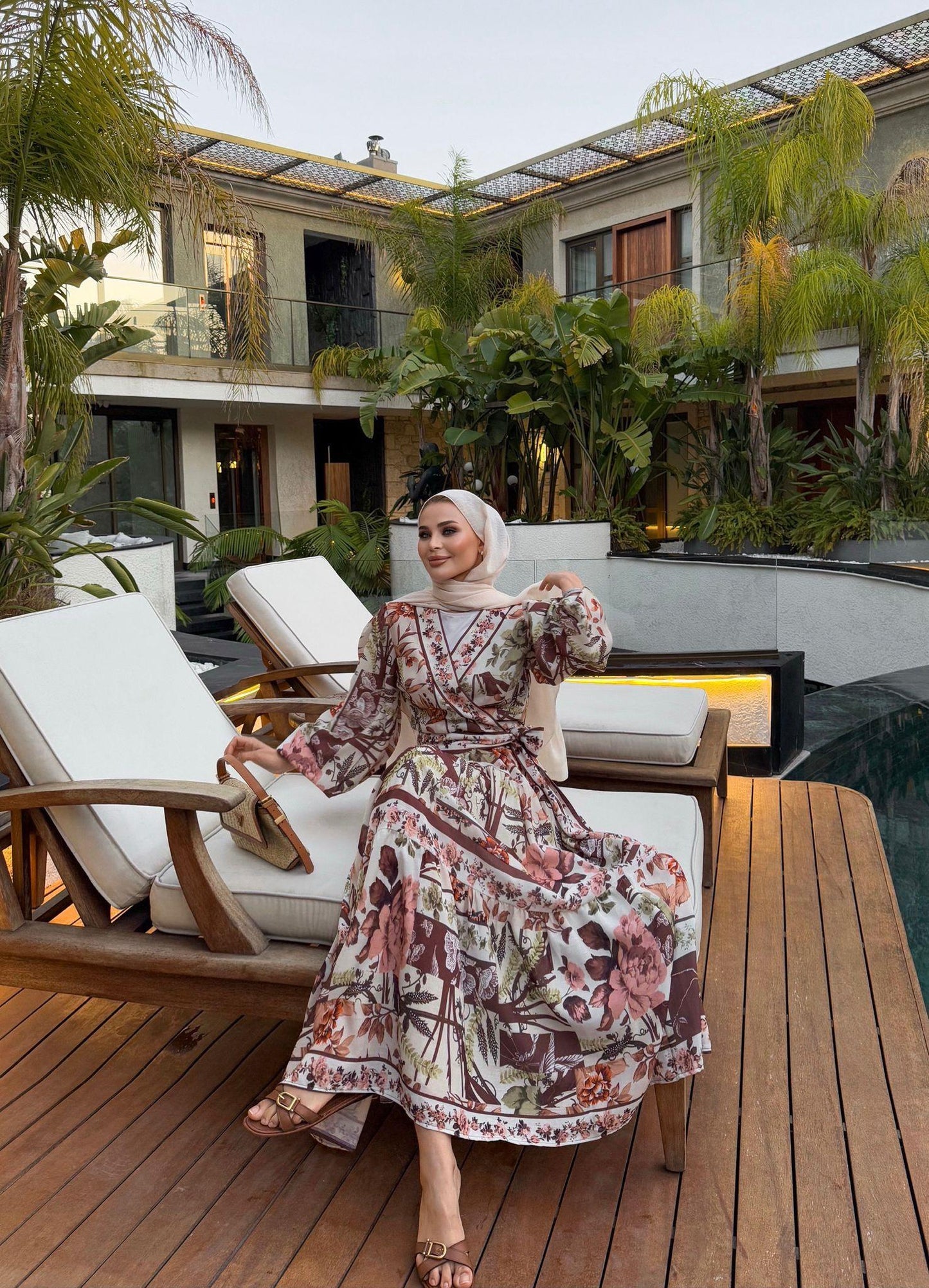 Brown Tropical Print Kimono & Skirt Set