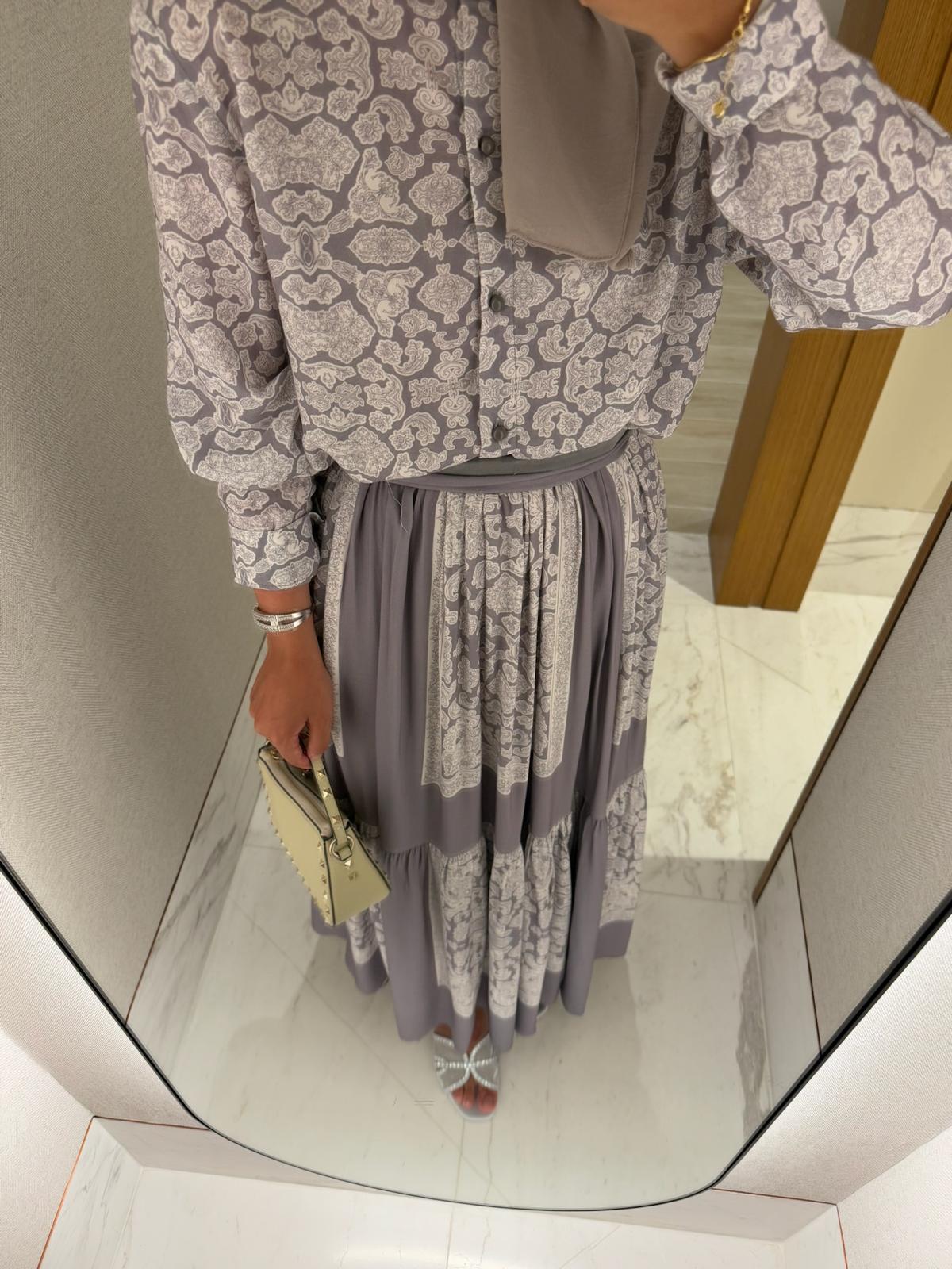 Lightweight Ethnic Shirt and Skirt Co-Ord in Gray