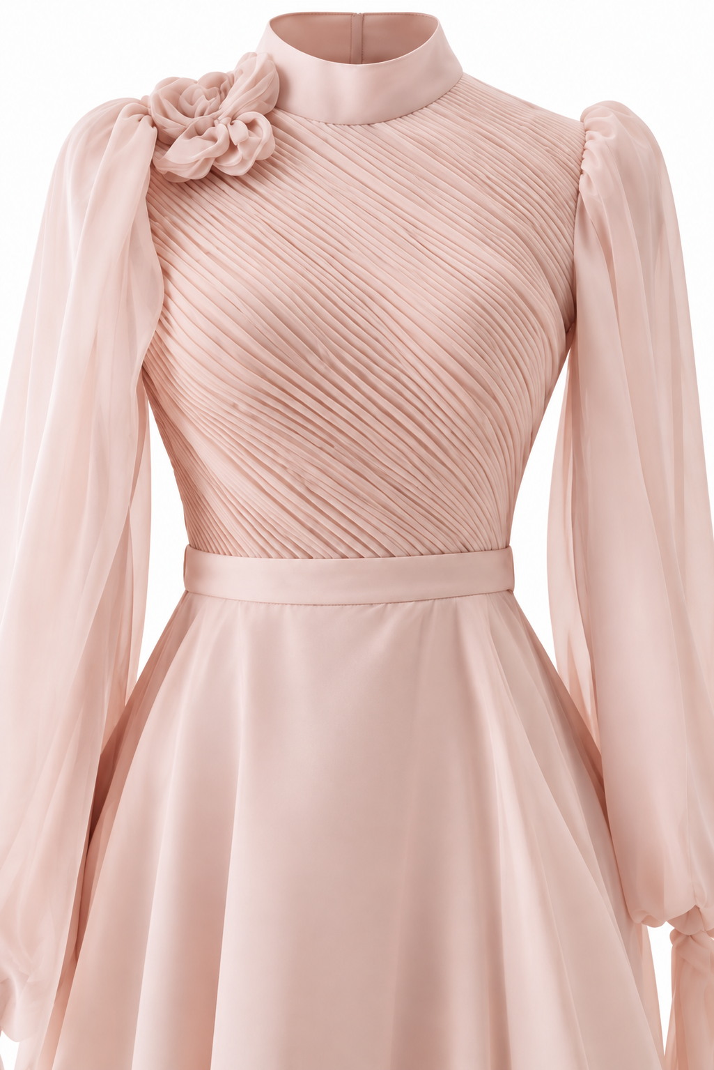 Elowen Shoulder Flower & Bow Detail Modest Evening Dress - Beige