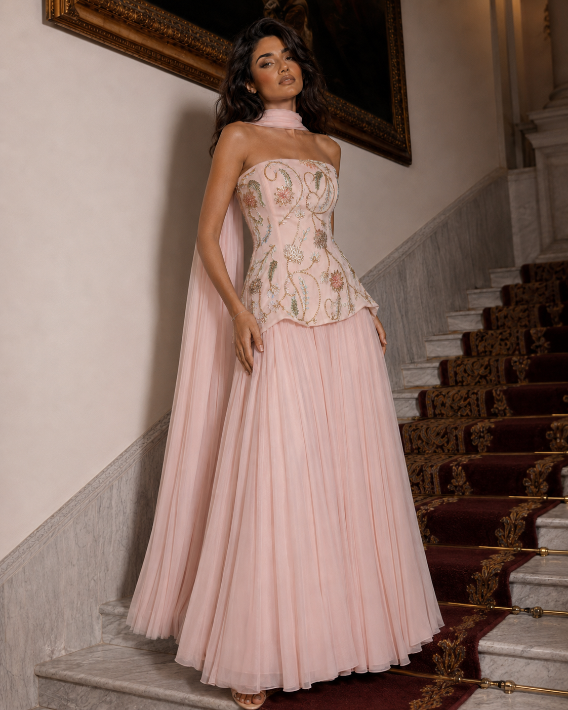 Layal Corset Chiffon Evening Gown - Embellished Strapless Prom Dress - Blush Pink