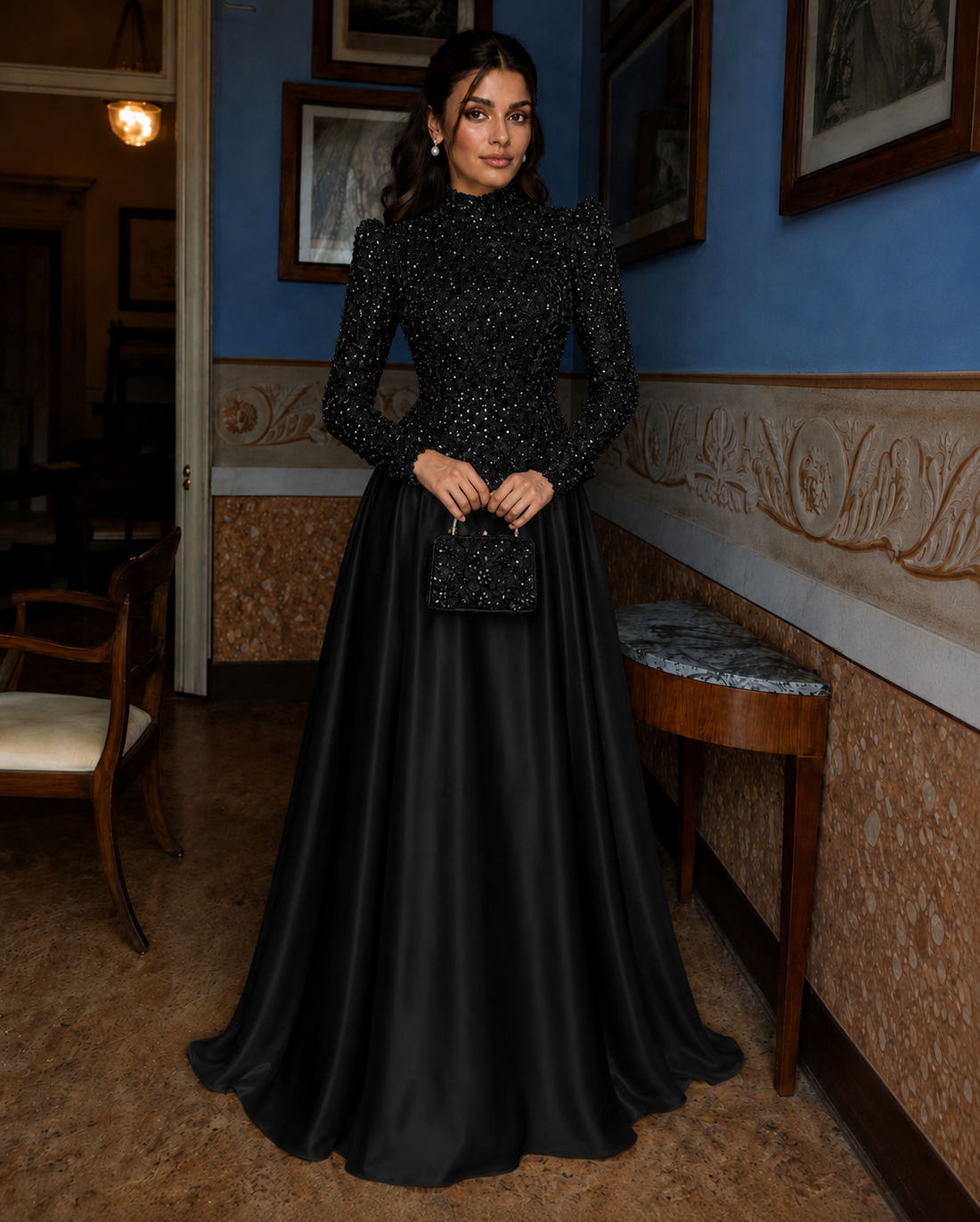 Raya Beaded Evening Dress - Black