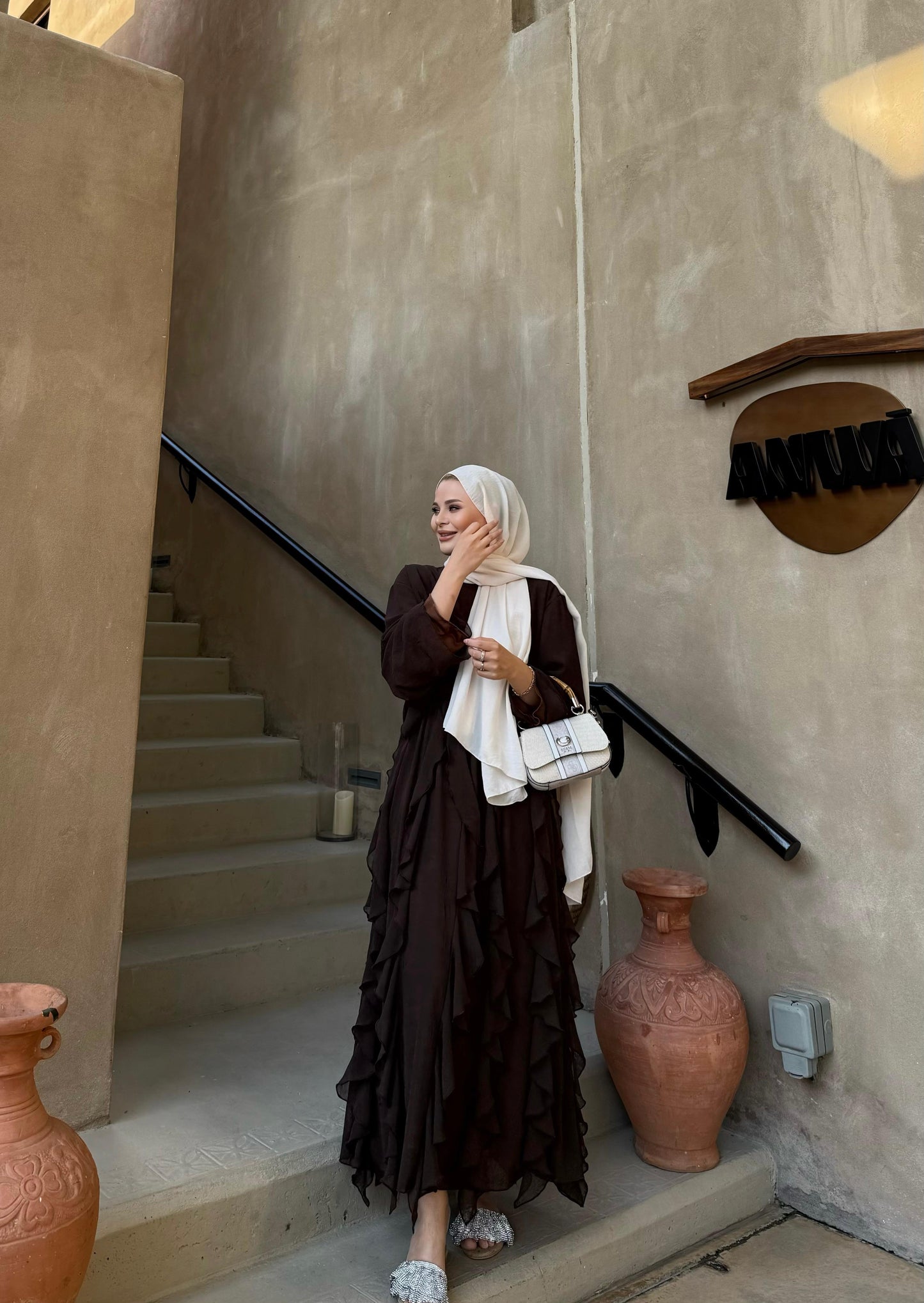 Brown Ruffle-Detail Chiffon Blouse and Skirt Set- PRE ORDER