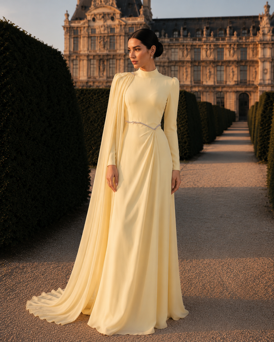 Rosie Yellow Pleated Gown | Stone Embellished Cape & Belted Maxi Dress