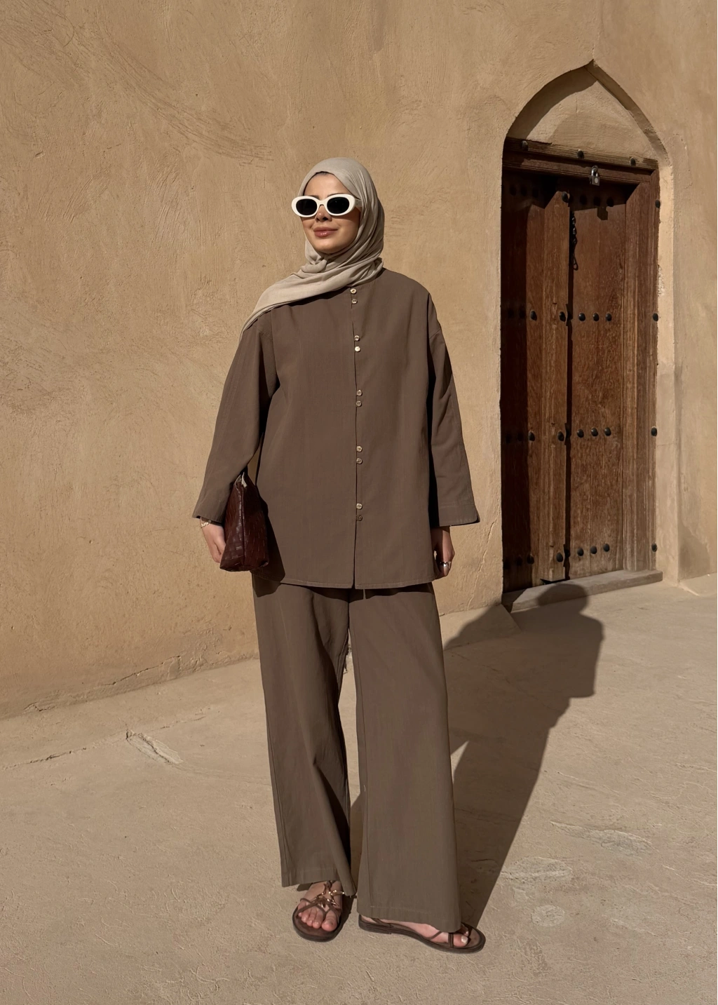 Khaki Button Detail Linen Set – Adjustable Waist