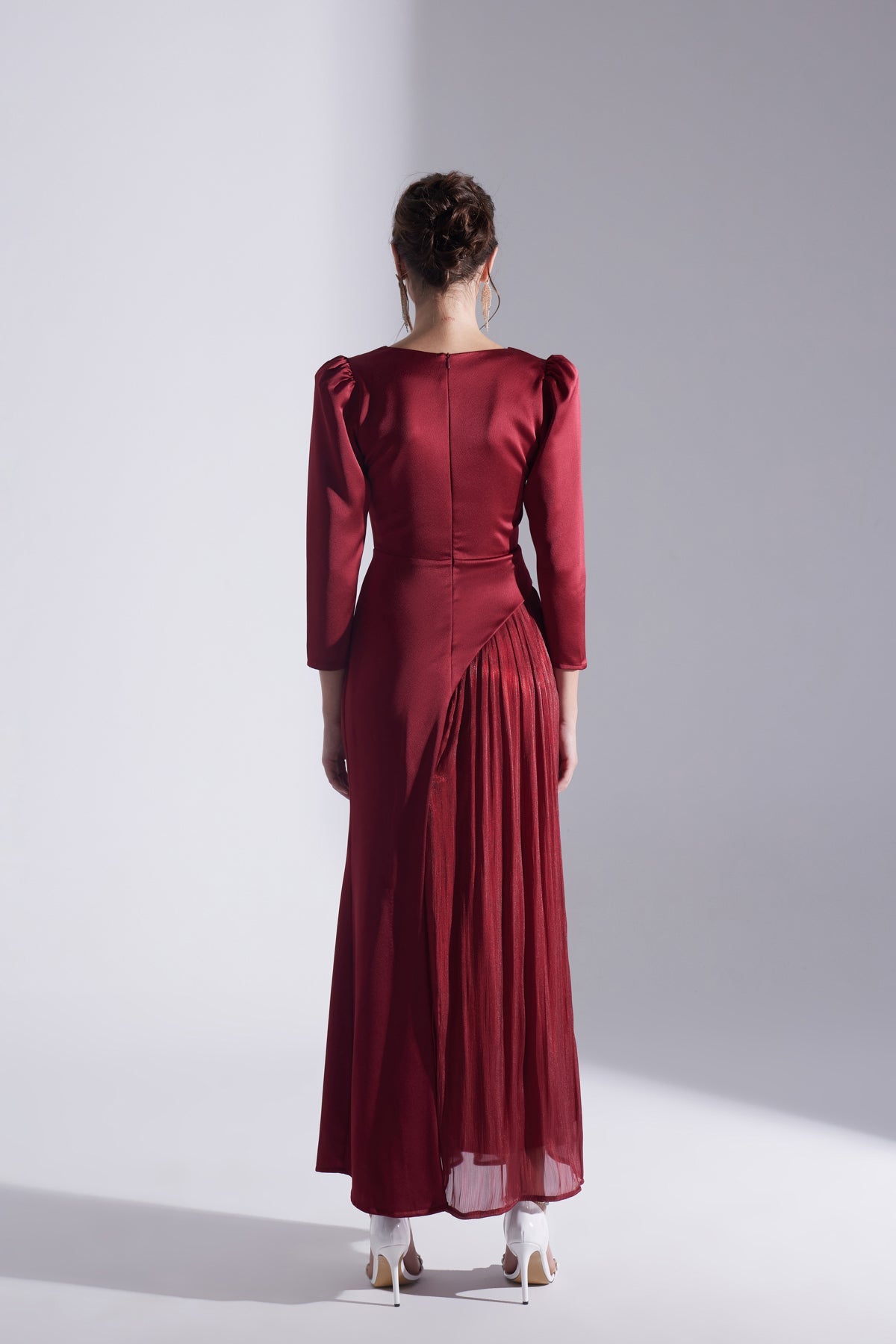 Burgundy Asymmetric Detailed Chiffon Skirt Wedding Dress