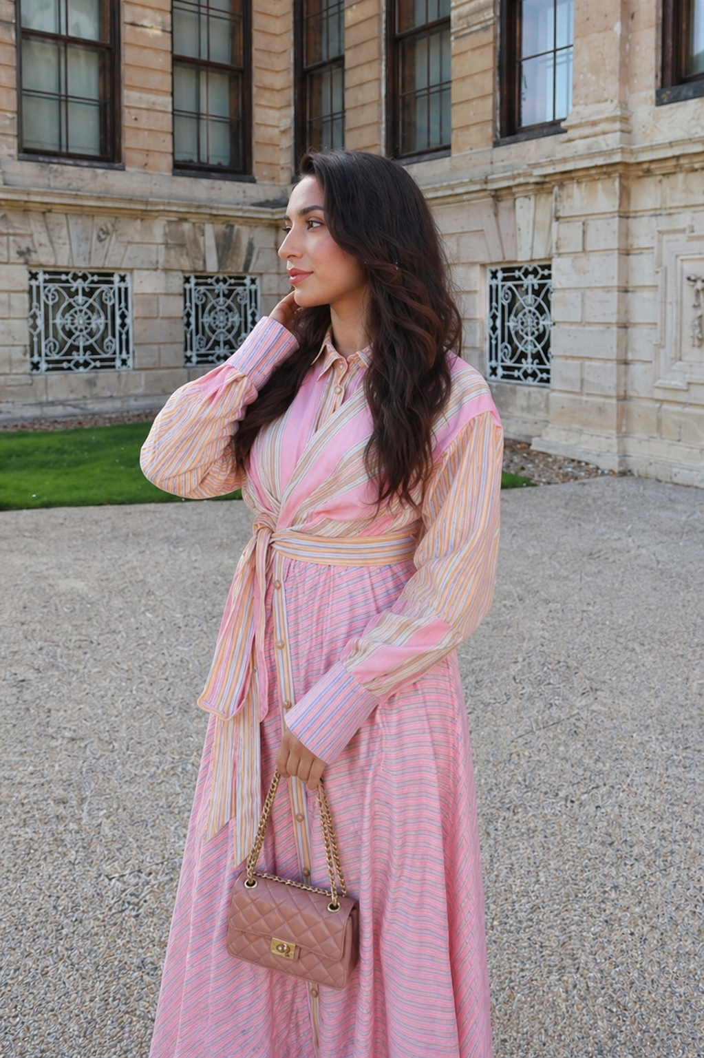 Pink Pastel Stripe Wrap Dress with Balloon Sleeves and Waist Tie