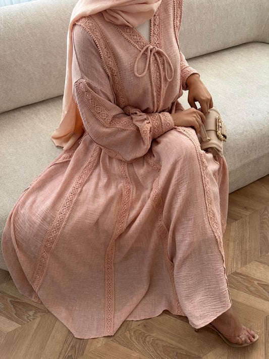 Pink Linen Co-Ord Set with Lace Trim