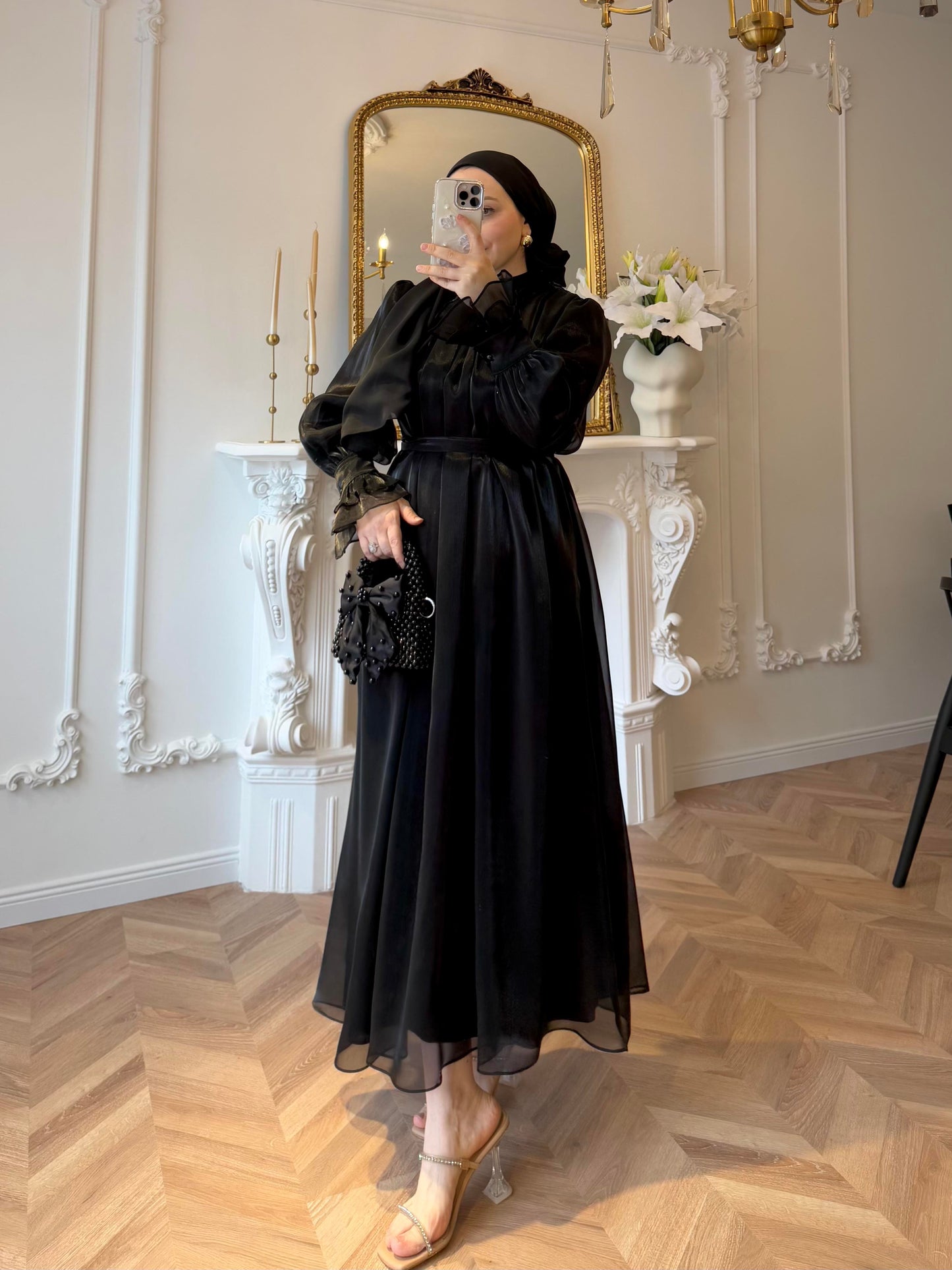 Black Shiny Chiffon Detailed Ruffle Sleeve Evening Dress