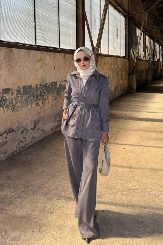 Gray Suede Pants Set with Lace Details and Belt