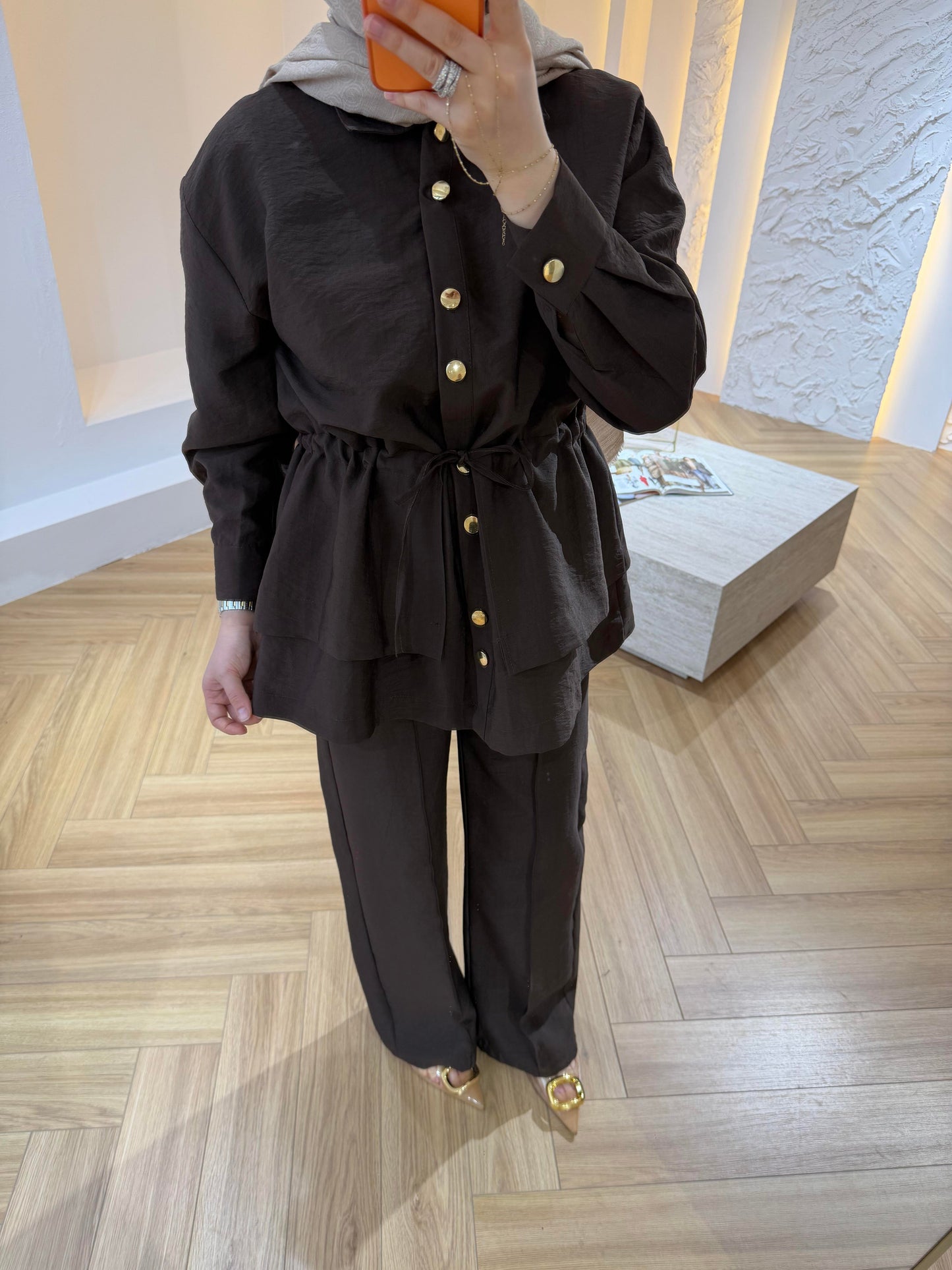 Gold Button Co-ord Cupro Set – Drawstring Jacket & Wide Leg Trousers - Brown