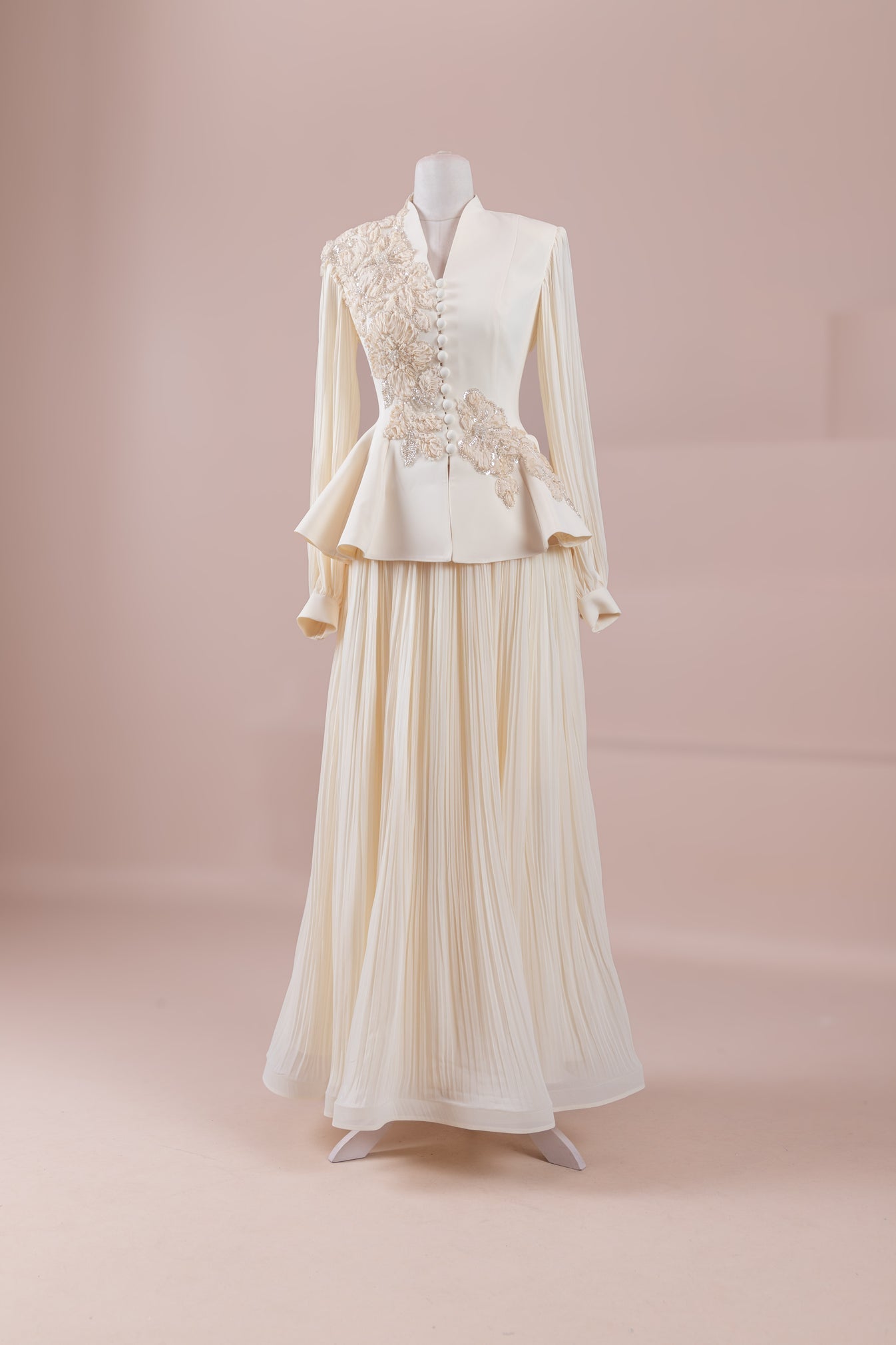 Limited Collection Peplum Jacket & Pleated Maxi Skirt Set – 3D Floral Embroidered Evening Ensemble