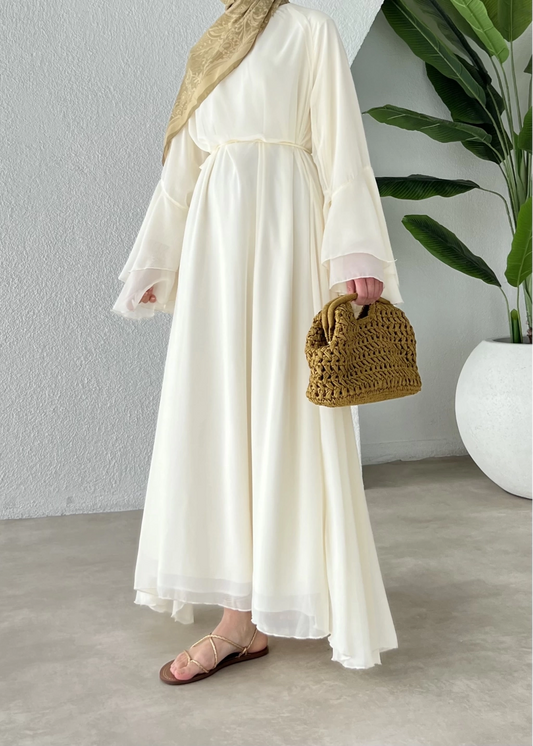 Ecru Chiffon Dress with Ruffled Sleeves