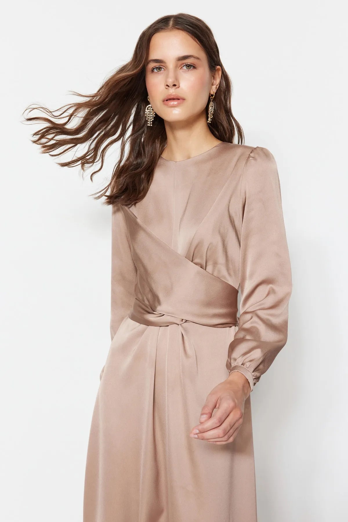 Cross Wrap Detail Pink Satin Evening Dress