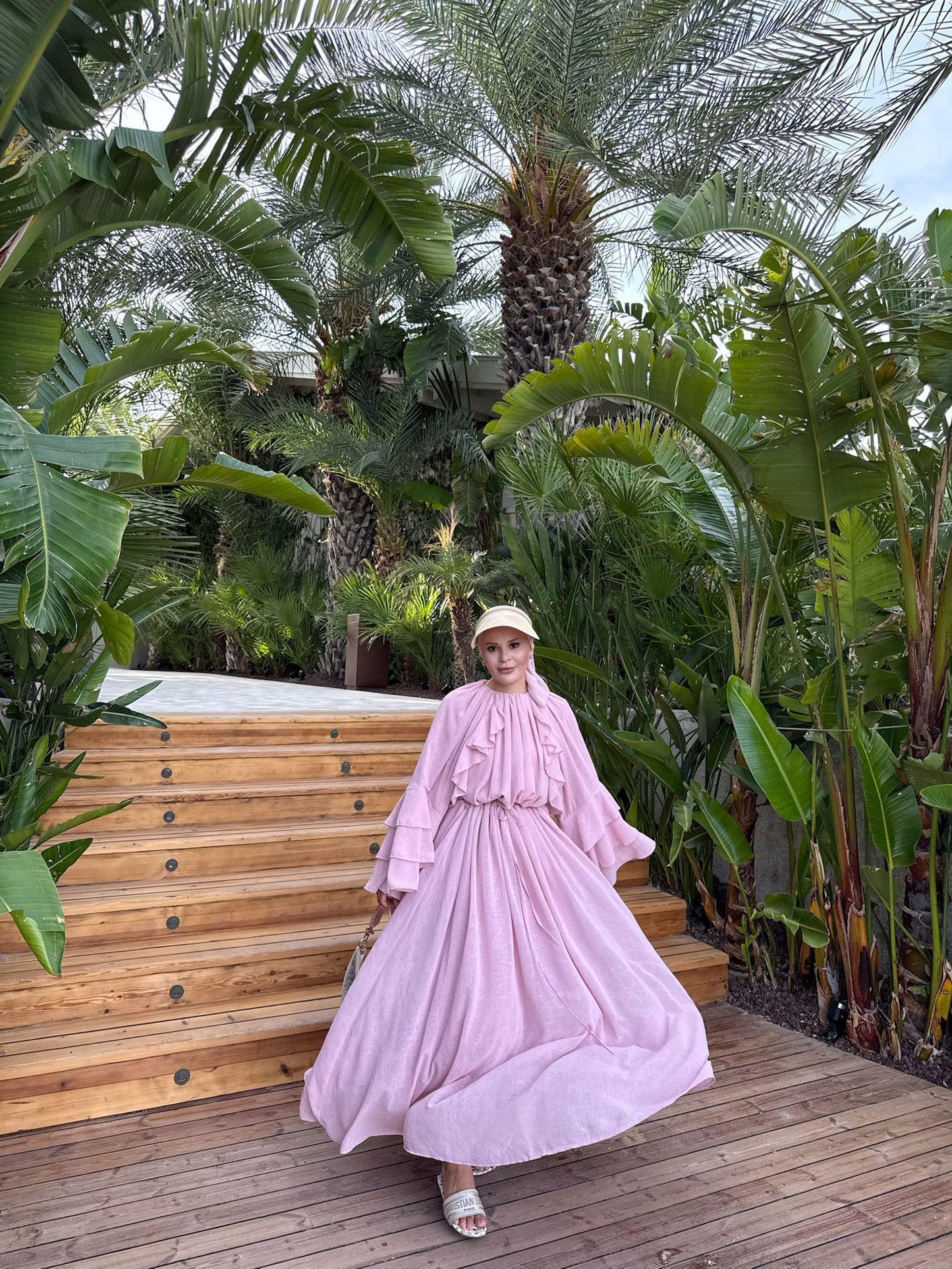 Farah Pink Chiffon Dress with Ruffle Details