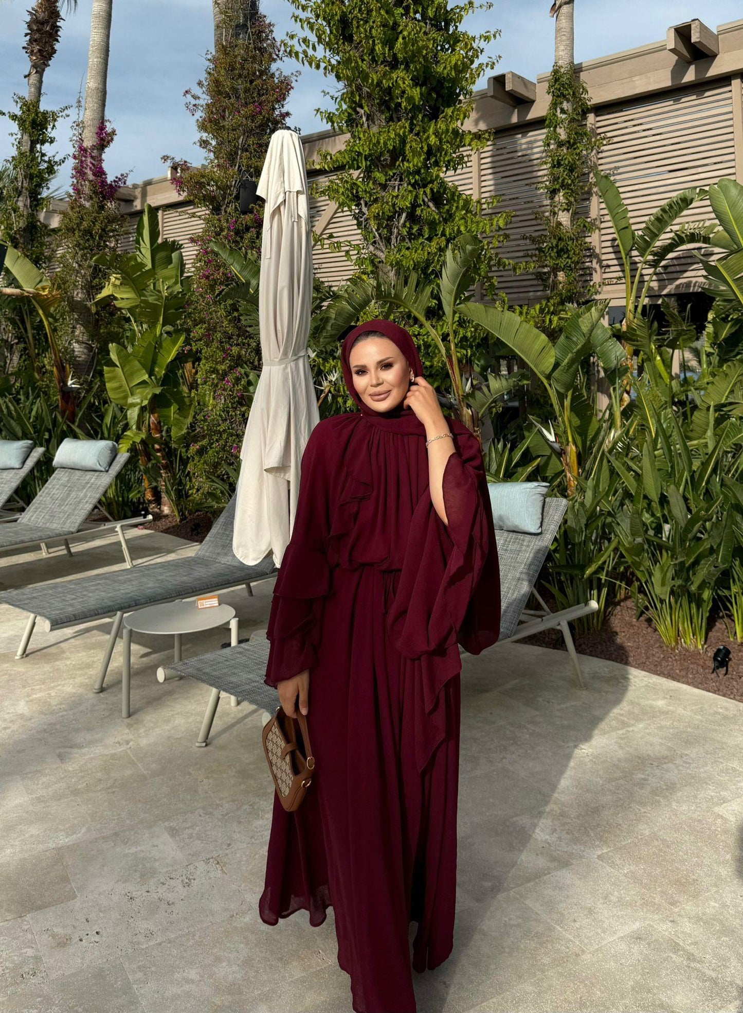 Farah Burgundy Chiffon Dress with Ruffle Details