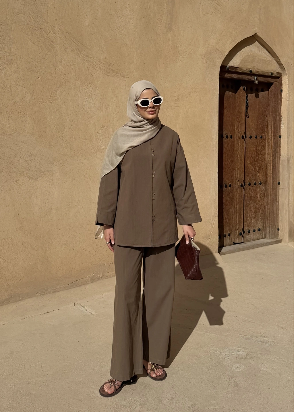 Khaki Button Detail Linen Set – Adjustable Waist