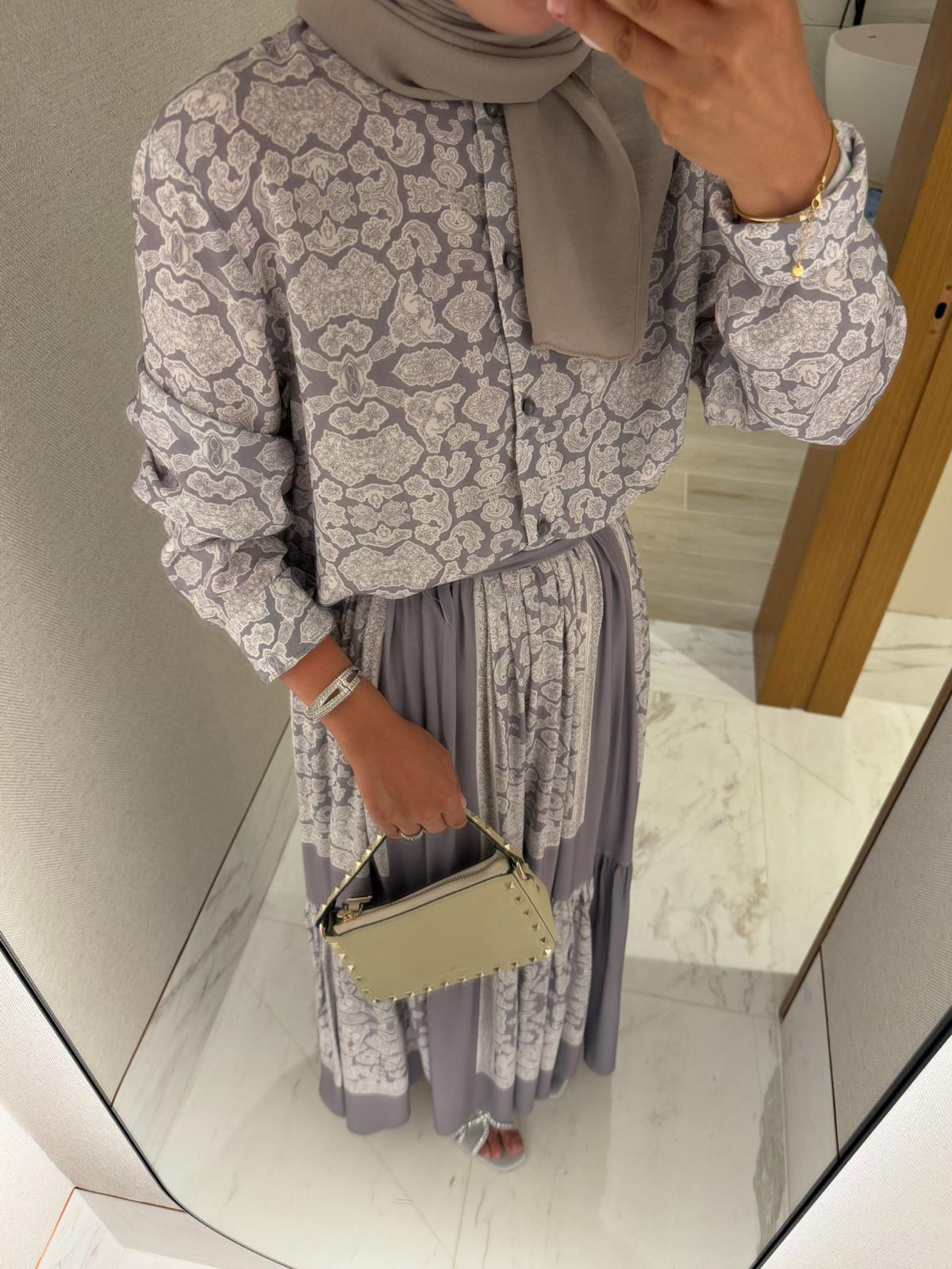 Lightweight Ethnic Shirt and Skirt Co-Ord in Gray