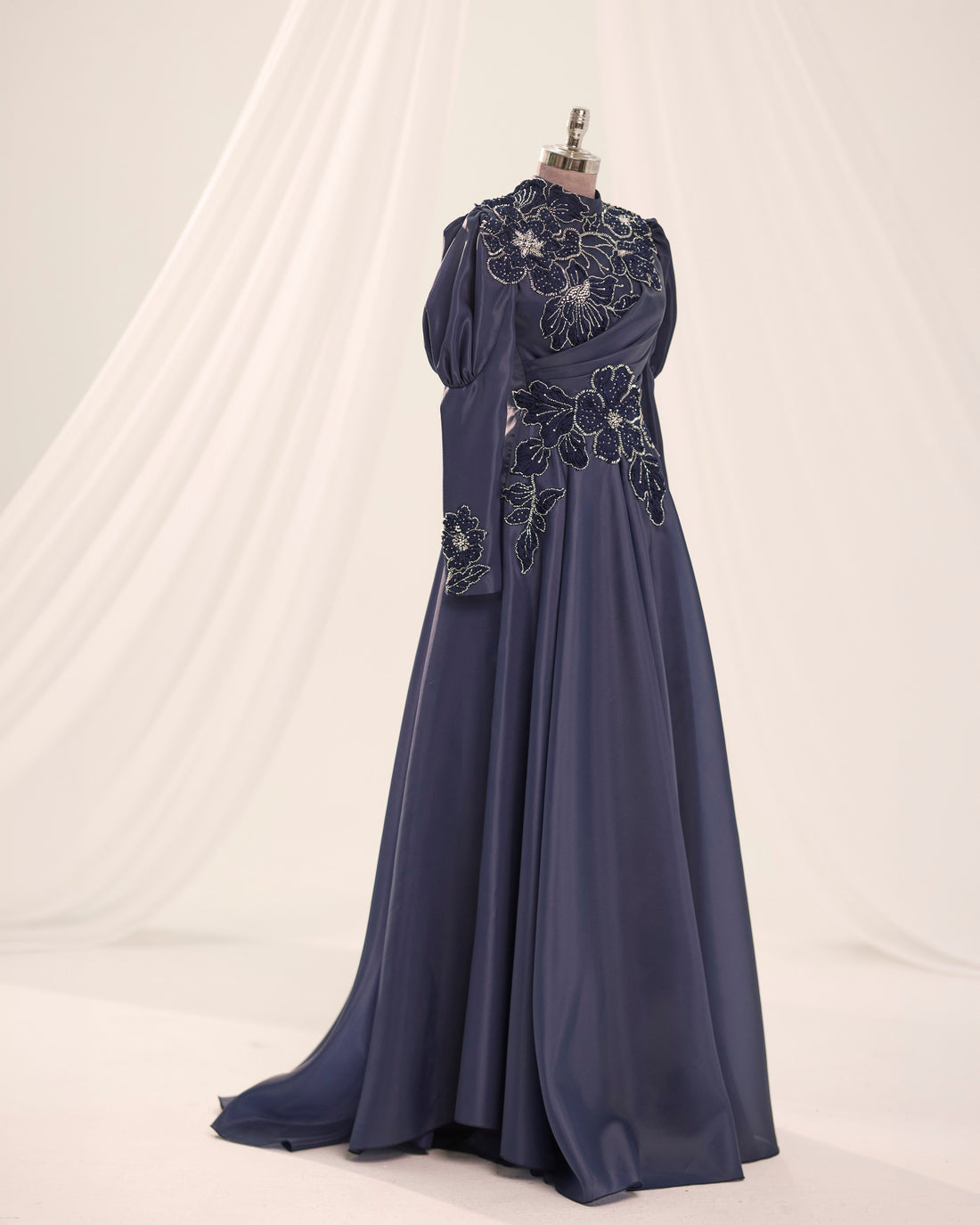 Floral Embellished Modest Evening Dress - Navy Blue