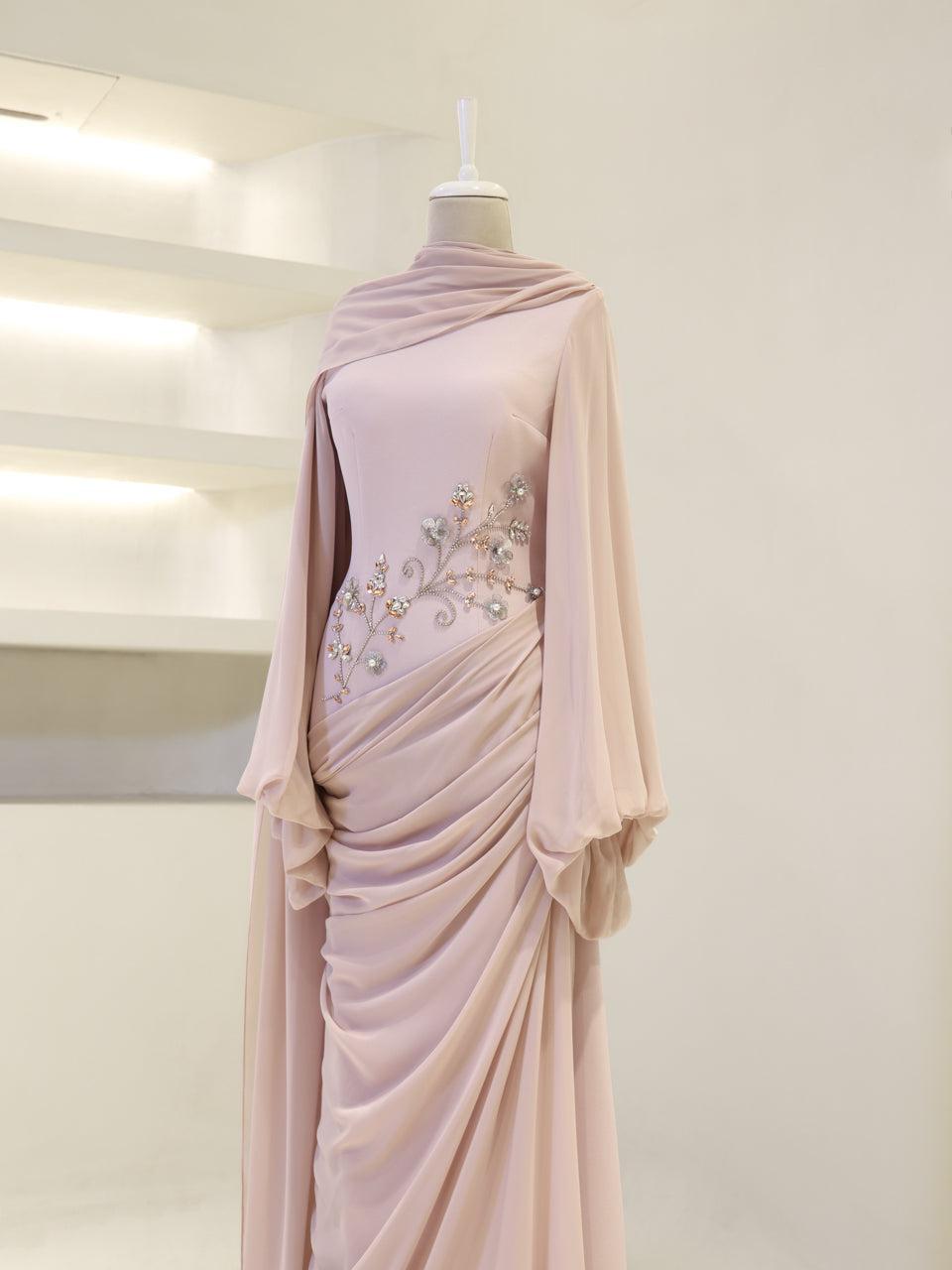 Tulip Modest Evening Dress - Embroidered Shawl Crepe Gown - Poudra