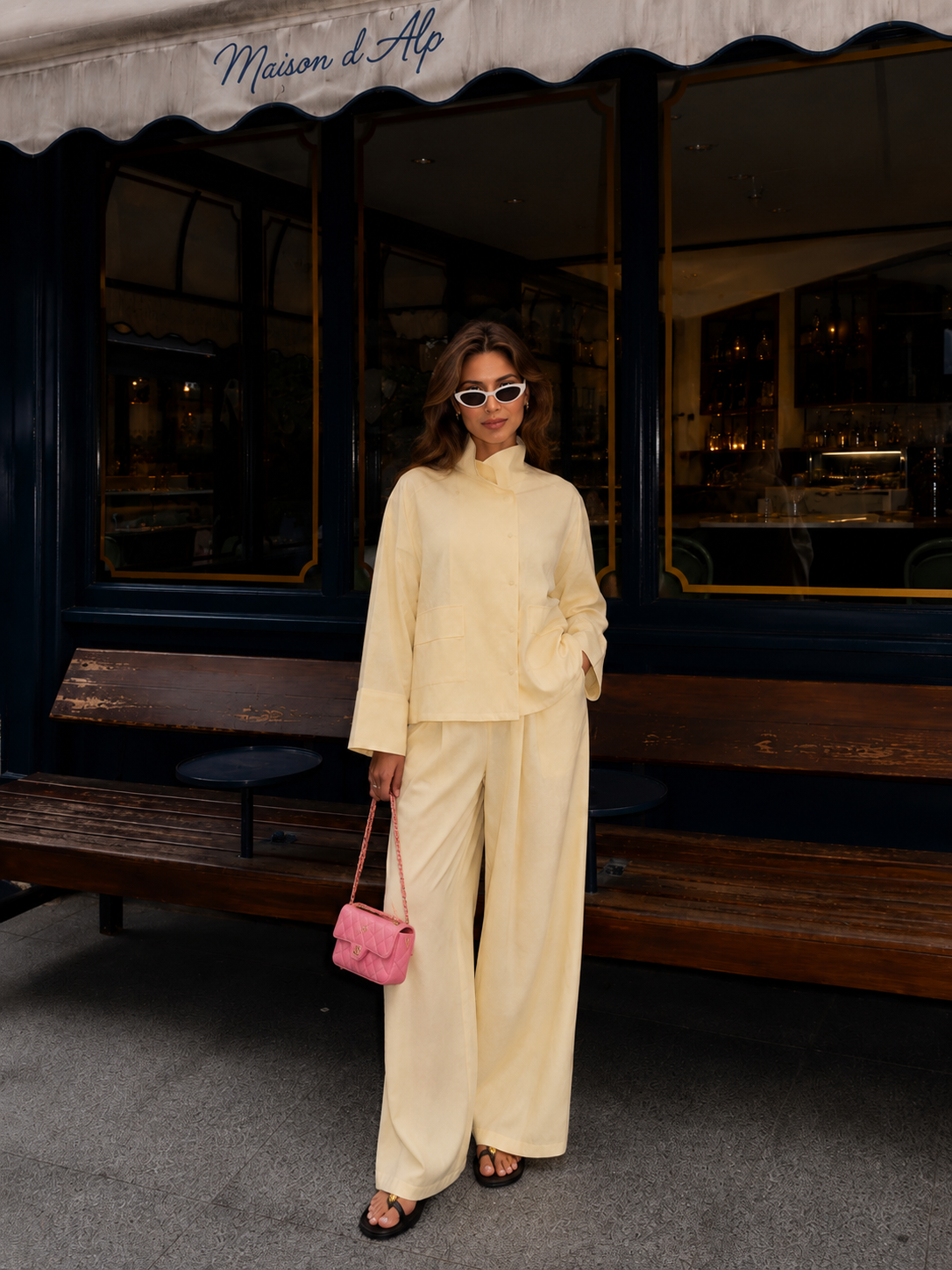 Yellow 100% Cotton Mock-Neck Shirt & Wide-Leg Pants Co-ord Set