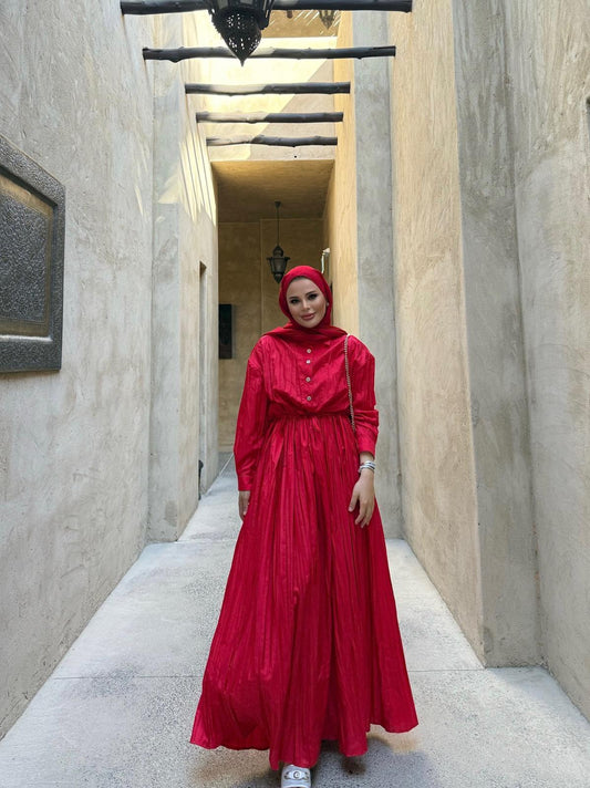 Wrinkle-Effect Cotton Poplin Maxi Dress – Cherry Red