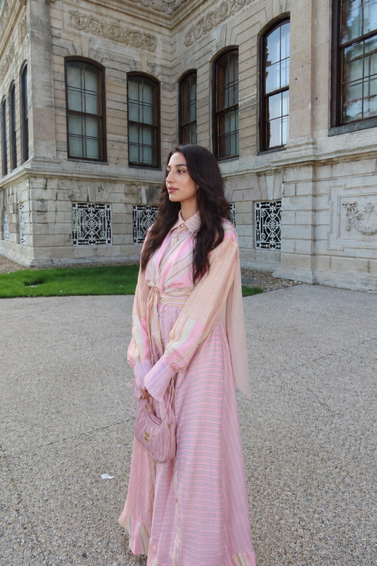 Pink Pastel Stripe Wrap Dress with Balloon Sleeves and Waist Tie