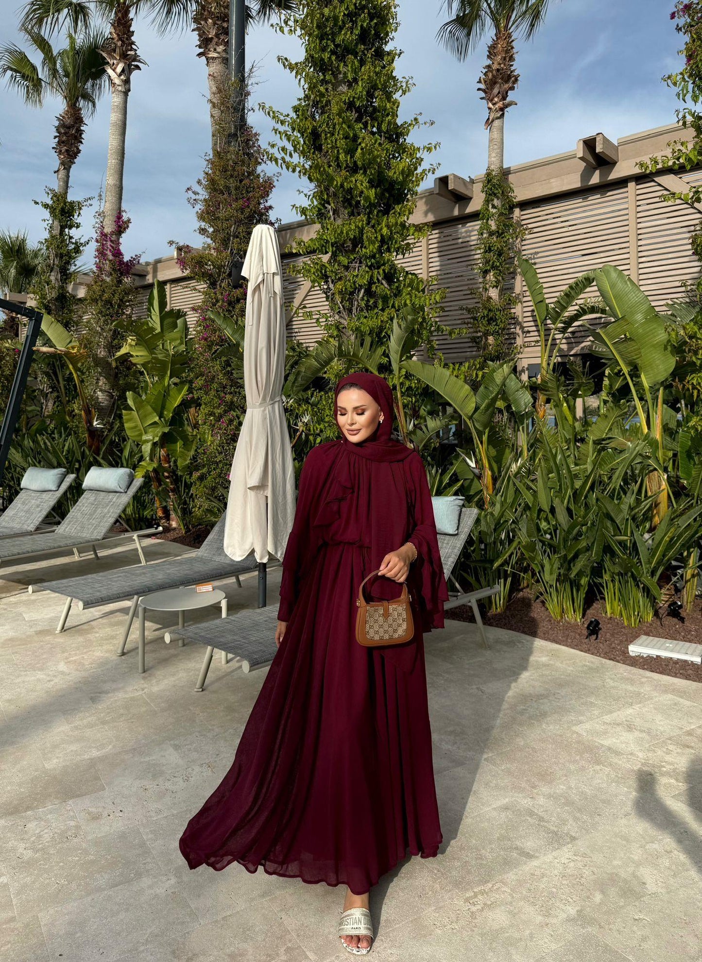Farah Burgundy Chiffon Dress with Ruffle Details