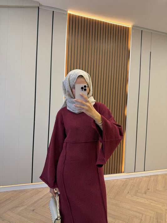 Striped-Detail Knit Dress – Burgundy
