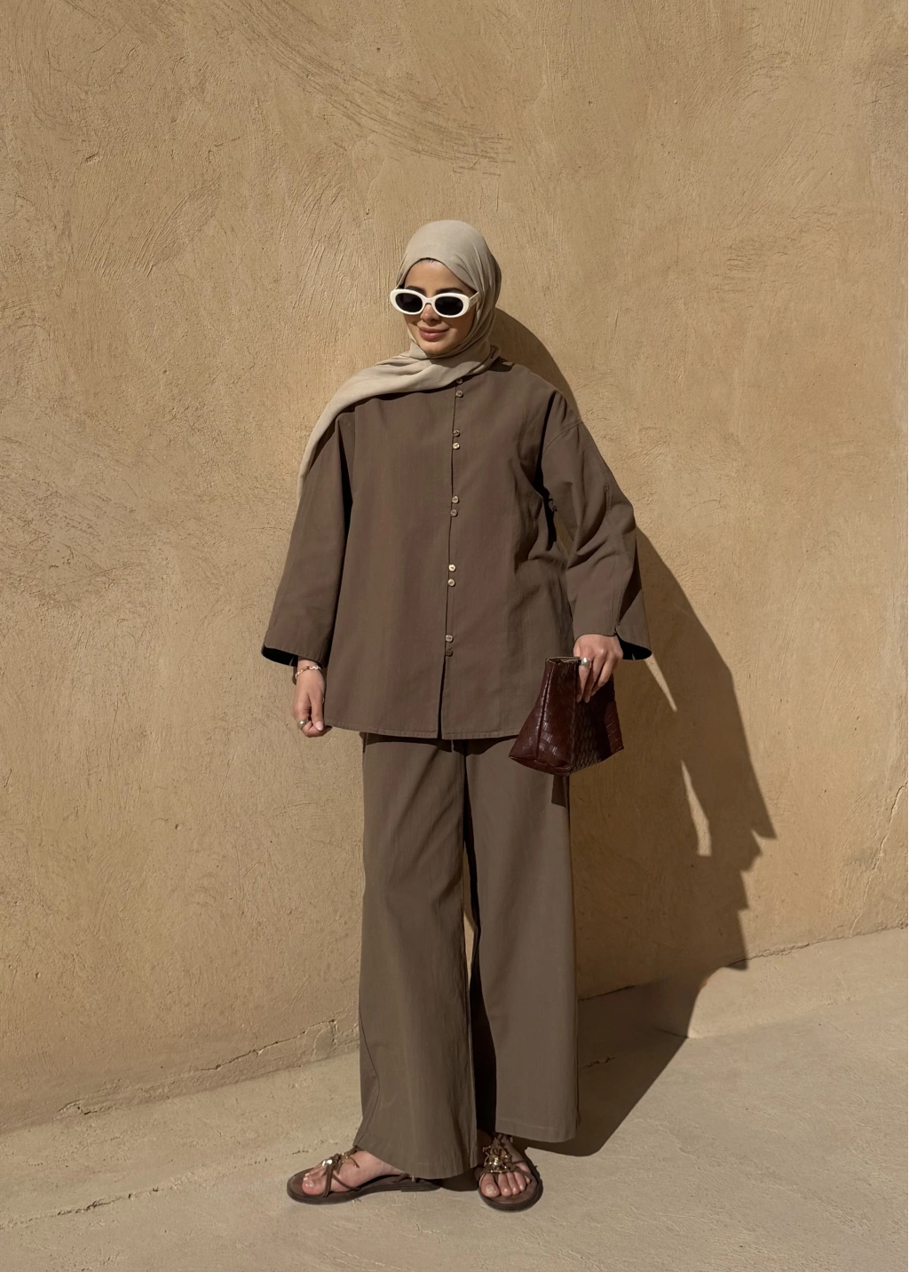 Khaki Button Detail Linen Set – Adjustable Waist