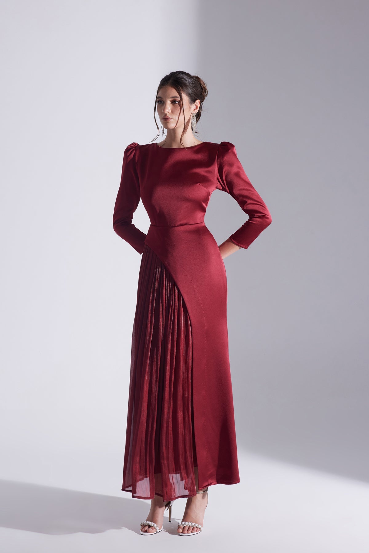 Burgundy Asymmetric Detailed Chiffon Skirt Wedding Dress