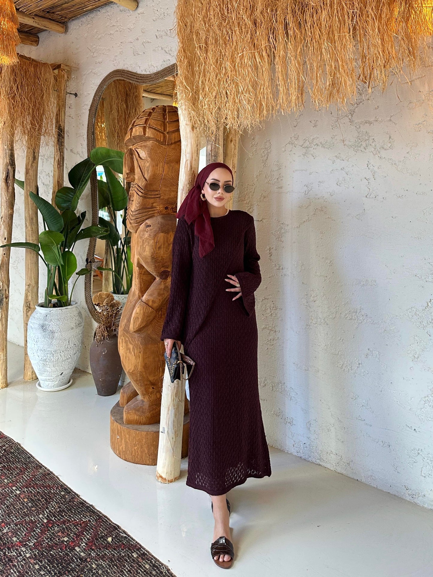 Burgundy Lined Openwork Knit Dress