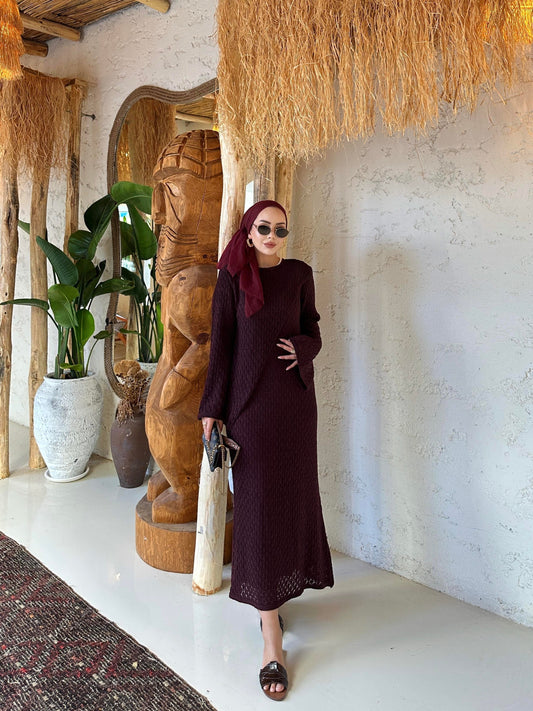 Burgundy Lined Openwork Knit Dress
